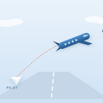 Illustration: a paper plane (pilot) and a jet (production) climbing from a runway