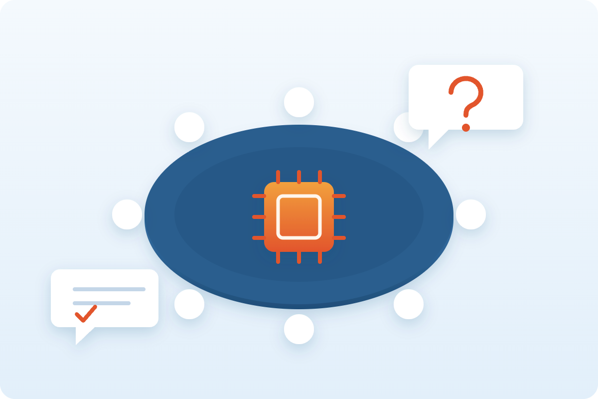 Top-down view of a boardroom table with seats around it, an AI chip at the centre and question speech bubbles, illustrating board oversight of AI